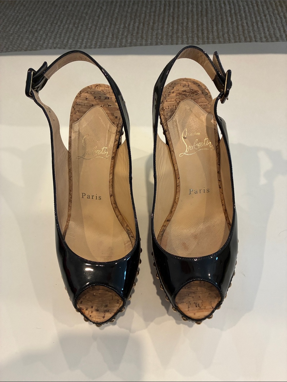 Christian Louboutin Black Patent Peep-Toe Sling-back Cork Wedges size 6.5/7